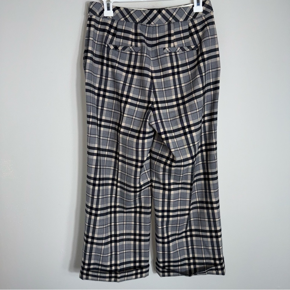 Pearl By Lela Rose Wide Leg Wool Blend Pants-Cuffed-Gray Black Plaid-Size 4 - Picture 7 of 9